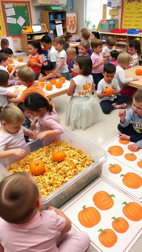 Pumpkin-Themed Activities for Preschoolers Preschoolers participating in pumpkin-themed activities, painting pumpkins and exploring a sensory bin.